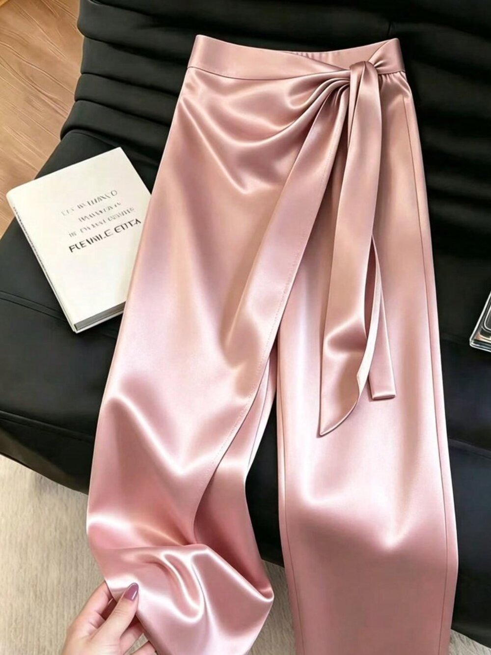 Pink Elegant Women's Elastic Waist Twist Loose Long Plain Wide Leg Pants